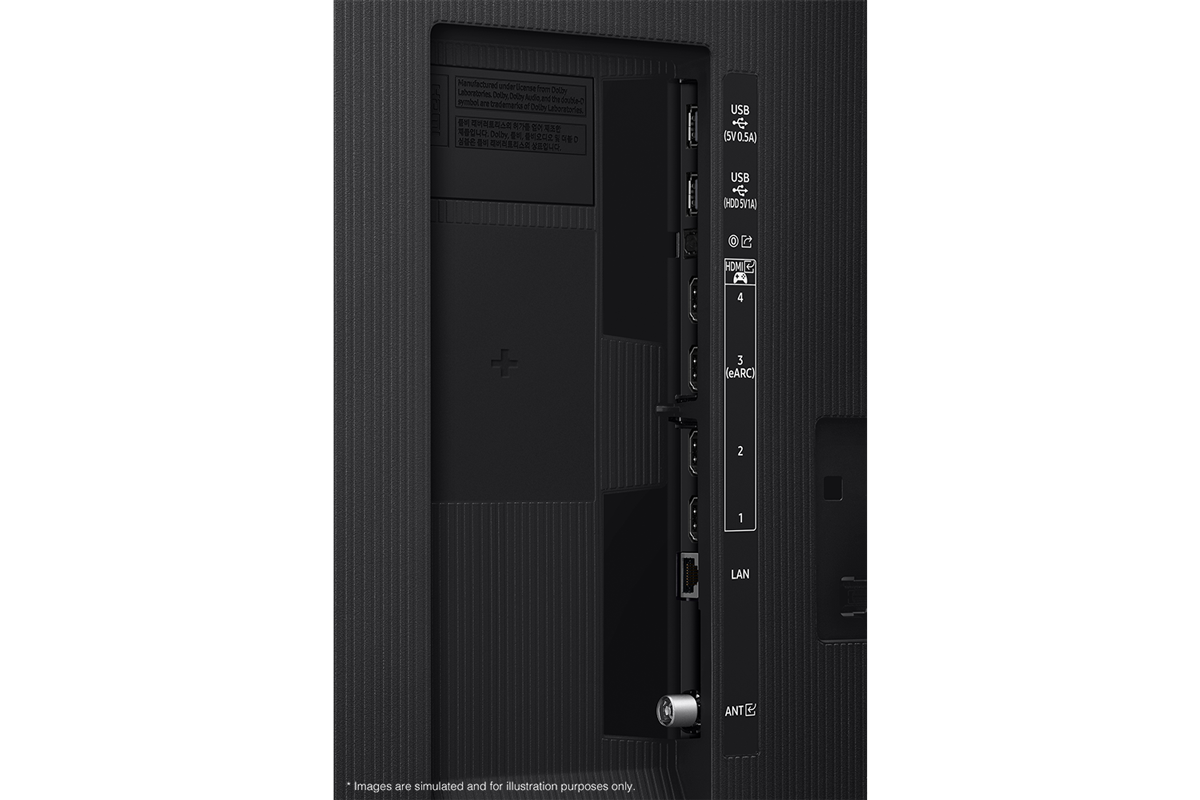 Samsung 2026 Micro RGB R85H มีพอร์ต USB, HDMI, LAN, เสาอากาศ และอื่นๆ อยู่ด้านข้าง