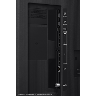 Samsung 2026 Micro RGB R85H มีพอร์ต USB, HDMI, LAN, เสาอากาศ และอื่นๆ อยู่ด้านข้าง