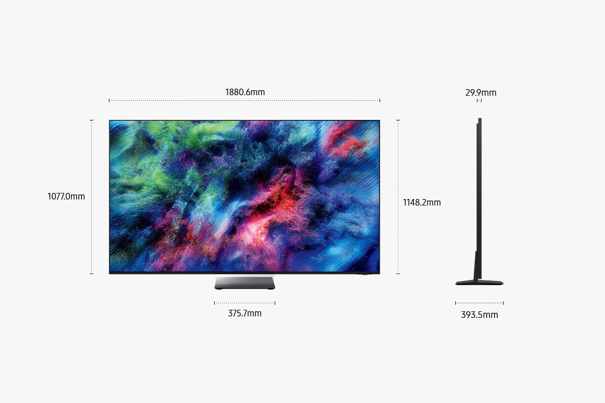 ขนาดของหน้าจอ Samsung Micro RGB R95H เท่านั้น (1880.6 x 1077.0 x 29.9 มม.) ความสูงเมื่อรวมกับขาตั้ง Mirror Space Graphite Infinity Air Stand (1148.2 มม.) ขนาดของขาตั้ง Mirror Space Graphite Infinity Air Stand (375.7 x 393.5 มม.)