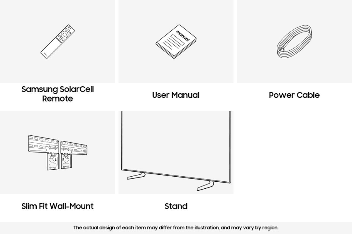 [อุปกรณ์เสริม Sáms~úñg 2025 M~ícró~ RGB M~R95F ที่ให้มาได้แก่ รีโมทคอนโทรล, สายไฟ, คู่มือ และ Sl~ím Fí~t Wál~l-móú~ñt Sú~ppór~t]