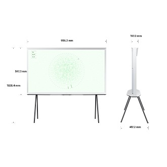 ขนาดของ Samsung The Serif พร้อมขาตั้งแบบตั้งต่ำที่เรียบง่าย