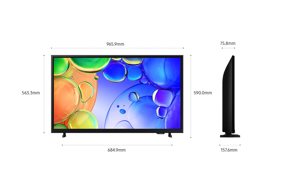 ขนาดของหน้าจอ Samsung QLED Q5F เท่านั้น (965.9 x 563.3 x 75.8 มม.) ความสูงเมื่อรวมขาตั้งสีดำ (590.0 มม.) ขนาดของขาตั้งสีดำ (684.9 x 157.6 มม.)
