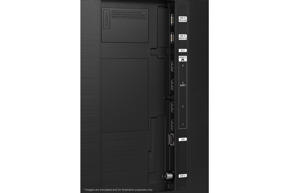 Samsung 2025 Neo QLED QN90F มีพอร์ต USB, HDMI, LAN, เสาอากาศ และอื่น ๆ ที่ด้านข้าง