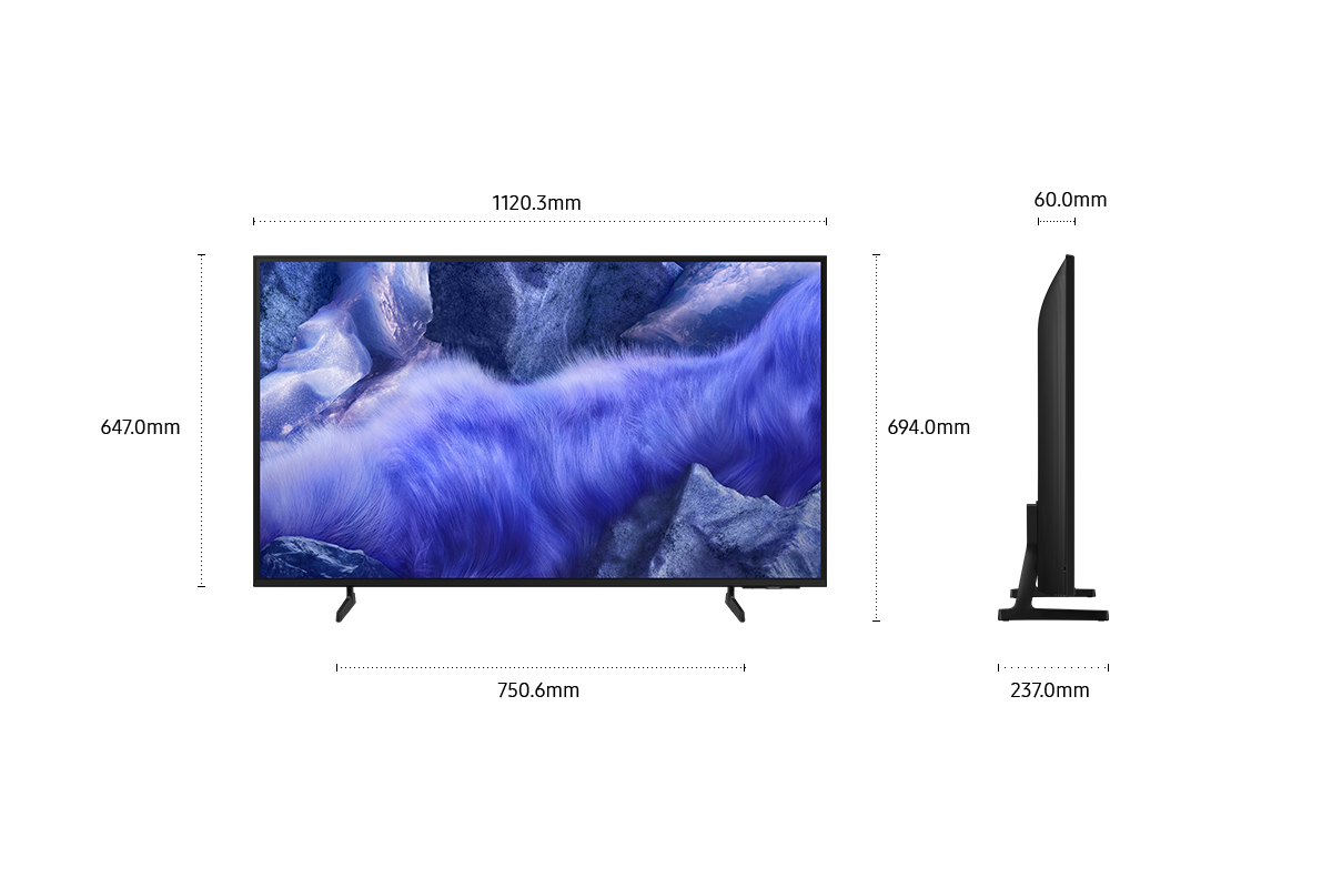 ขนาดหน้าจอ Samsung QLED Q7F เท่านั้น (1120.3 x 647 x 60 มม.) ความสูงพร้อมขาตั้ง Black Flat Feet Narrow (694 มม.) ขนาดขาตั้ง Black Flat Feet Narrow (750.6 x 237 มม.)