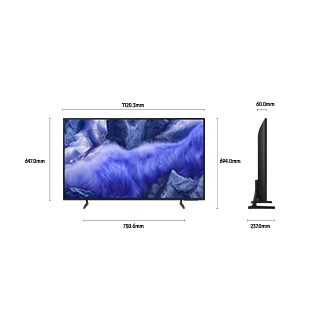 ขนาดหน้าจอ Samsung QLED Q7F เท่านั้น (1120.3 x 647 x 60 มม.) ความสูงพร้อมขาตั้ง Black Flat Feet Narrow (694 มม.) ขนาดขาตั้ง Black Flat Feet Narrow (750.6 x 237 มม.)