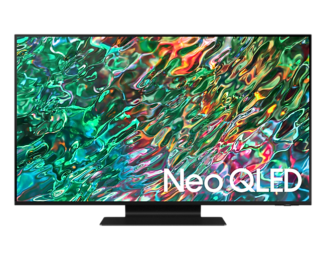 ดูราคาทีวี 50 นิ้ว ทีวี Samsung 4K Neo QLED มอบภาพความคมชัดระดับ 4K สมจริง เผยทุกรายละเอียด พร้อมเสียงรอบทิศทางเหมือนอยู่ในเหตุการณ์. ด้านหน้าของ Neo QLED 4K QN90B 50 นิ้ว สี Black โชว์ภาพคลื่นน้ำสะท้อนแสงสีเขียวและคำว่า Neo QLED 4K บนหน้าจอ