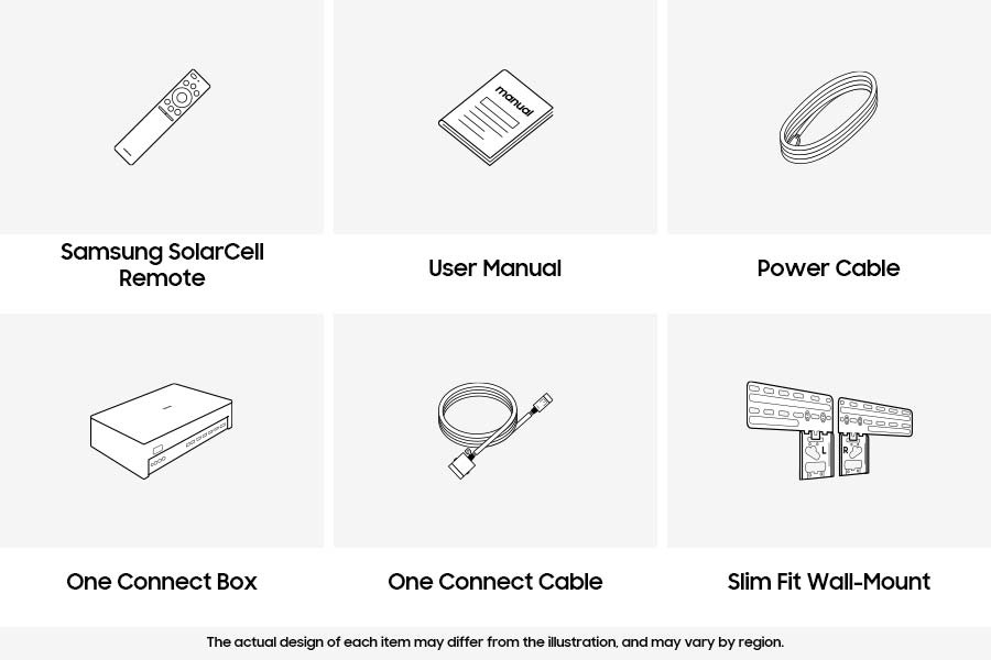 อุปกรณ์เสริม Samsung 2025 The Frame LS03F ที่ให้มาได้แก่ รีโมทคอนโทรล, สายไฟ, คู่มือ, Wireless One Connect และ Slim Fit Wall-mount