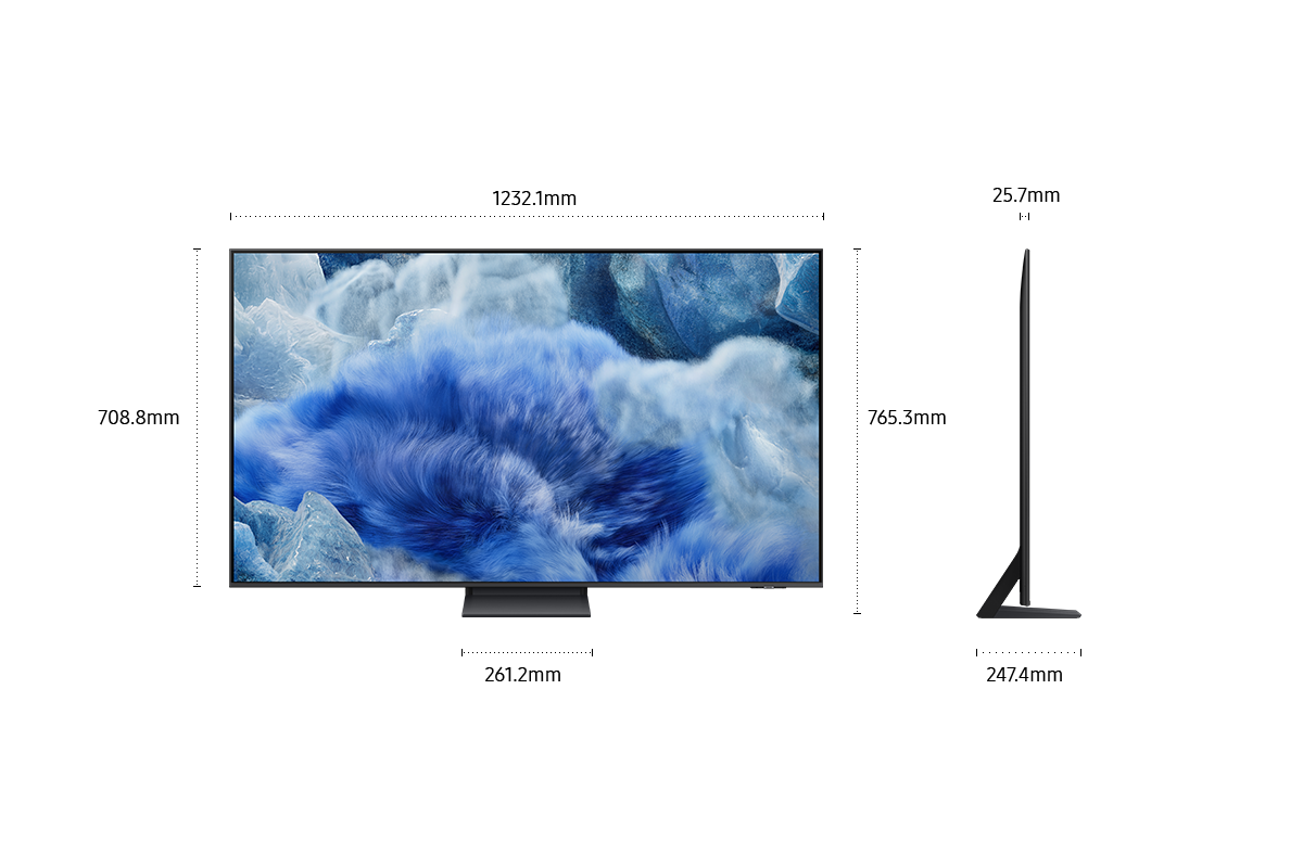 ขนาดหน้าจอ Samsung QLED Q8F เท่านั้น (1232.1 x 708.8 x 25.7 มม.) ความสูงพร้อมขาตั้ง TitanGray Aero Center (765.3 มม.) ขนาดขาตั้ง TitanGray Aero Center (261.2 x 247.4 มม.)