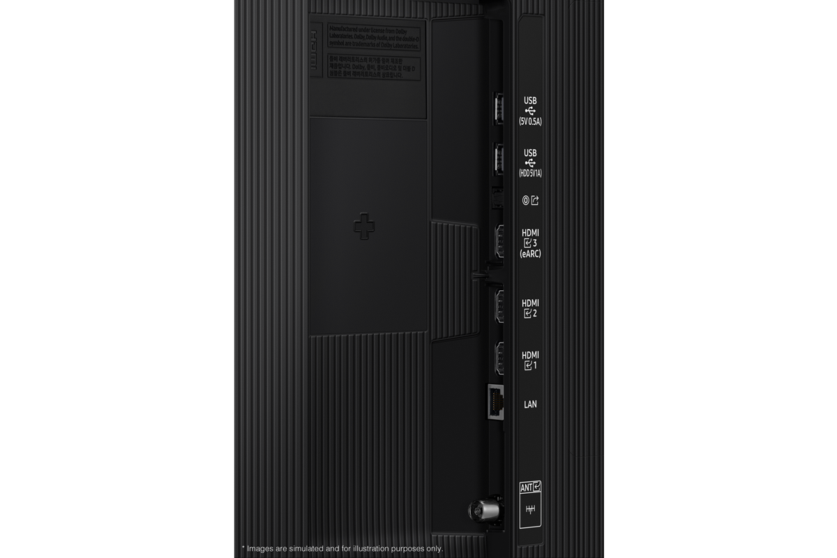 Samsung 2025 QLED Q8F มีพอร์ต USB, HDMI, LAN, เสาอากาศ และอื่น ๆ ที่ด้านข้าง