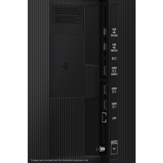 Samsung 2025 QLED Q8F มีพอร์ต USB, HDMI, LAN, เสาอากาศ และอื่น ๆ ที่ด้านข้าง