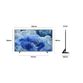 ขนาดหน้าจอ Samsung QLED Q8F เท่านั้น (1232.1 x 708.8 x 25.7 มม.) ความสูงพร้อมขาตั้ง Aero Linear สีดำ (768.1 มม.) ขนาดขาตั้ง Aero Linear สีดำ (910 x 238.6 มม.)