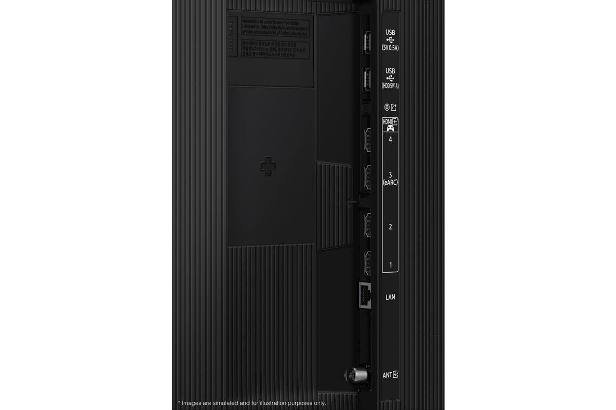 Samsung 2025 Neo QLED QN70F มีพอร์ต USB, HDMI, LAN, เสาอากาศ และอื่น ๆ ที่ด้านข้าง