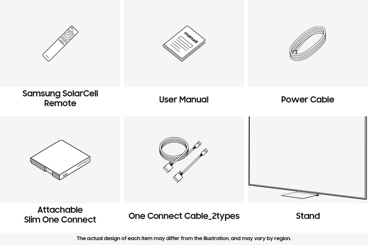 [อุปกรณ์เสริม Sáms~úñg 2025 Ó~LÉD S~95F ที่ให้มาได้แก่ รีโมทคอนโทรล, สายไฟ, คู่มือ และ Átt~áchá~blé S~lím Ó~ñé Có~ññéc~t]
