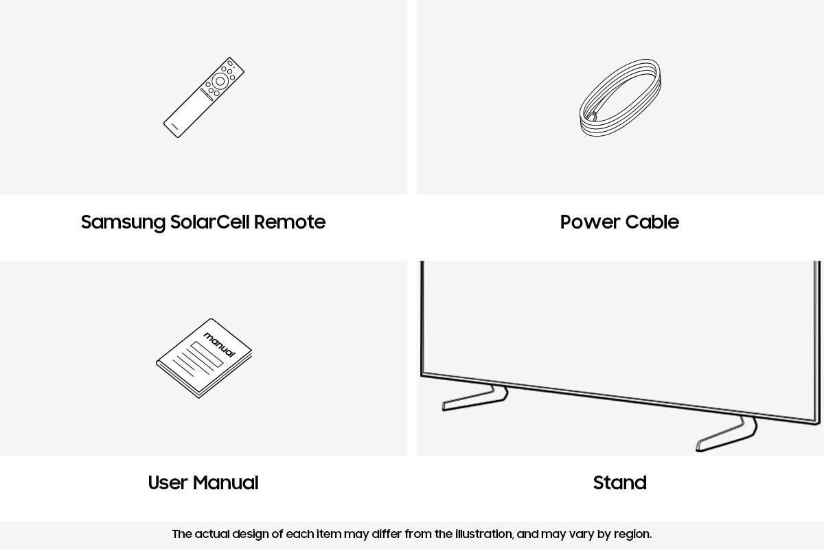 อุปกรณ์เสริม Samsung 2025 QLED Q6F ที่ให้มาได้แก่ รีโมทคอนโทรล, สายไฟ และคู่มือ