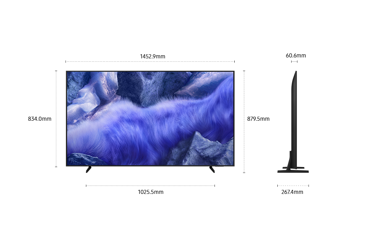 ขนาดหน้าจอ Samsung QLED Q7F เท่านั้น (1120.3 x 647 x 60 มม.) ความสูงพร้อมขาตั้ง Black Flat Feet Narrow (694 มม.) ขนาดขาตั้ง Black Flat Feet Narrow (750.6 x 237 มม.)
