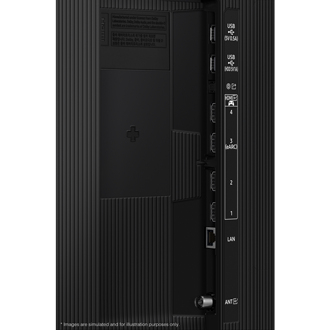 Samsung 2025 Neo QLED QN70F มีพอร์ต USB, HDMI, LAN, เสาอากาศ และอื่น ๆ ที่ด้านข้าง