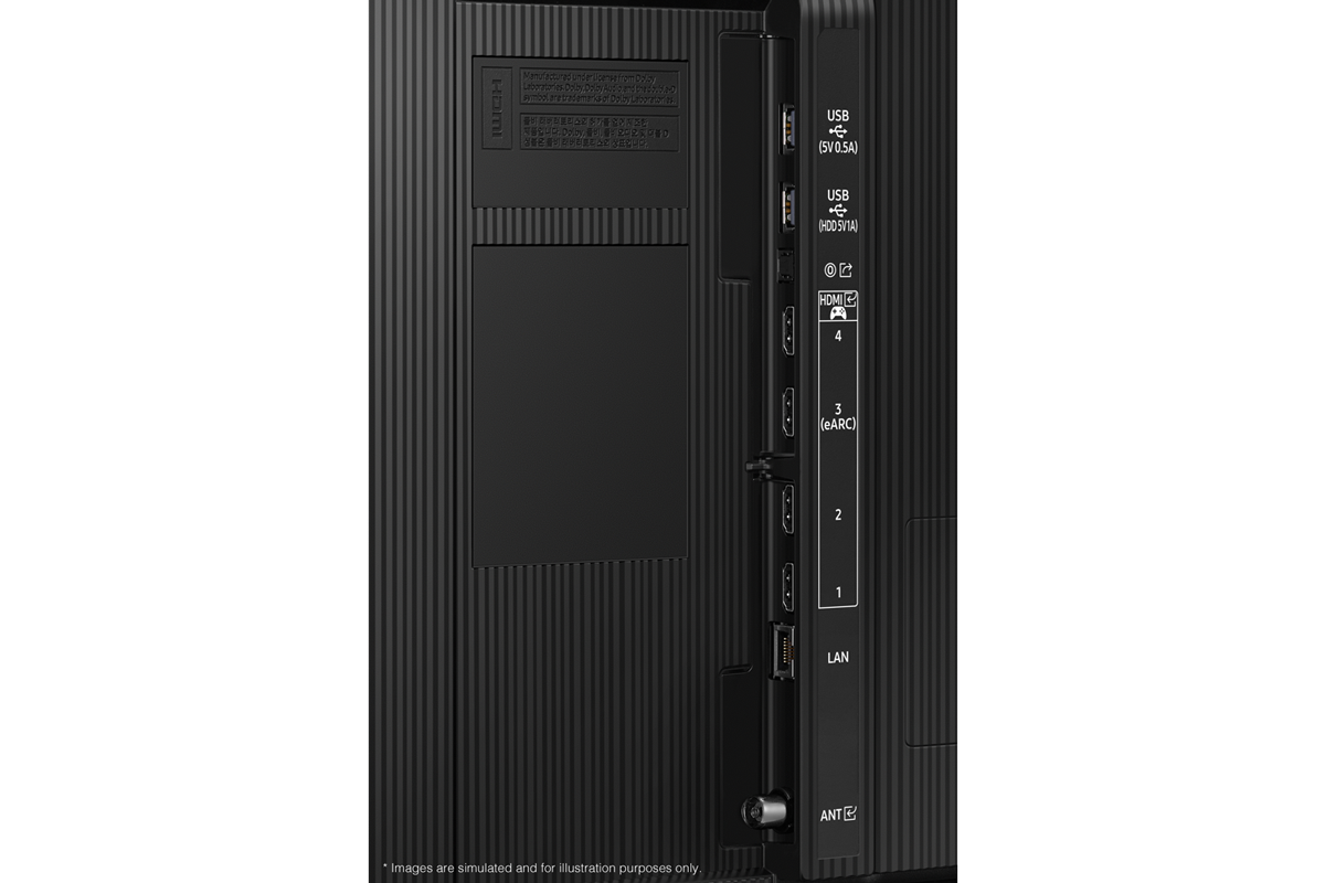 Samsung 2025 Neo QLED QN80F มีพอร์ต USB, HDMI, LAN, เสาอากาศ และอื่น ๆ ที่ด้านข้าง