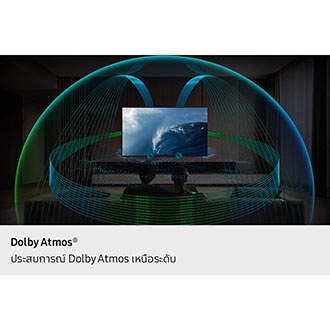 ในห้องนั่งเล่น คู่รักคู่หนึ่งนั่งดูทีวีบนโซฟา ลำโพงด้านหน้าของทีวีสว่างขึ้นและคลื่นเสียงก็แผ่ออกมาจากลำโพงของทีวี เดินทางไปหลายทิศทางเพื่อโอบล้อมคู่รักคู่นี้ด้วยโดมเสียงและเติมเต็มห้อง โลโก้ Dolby Atmos