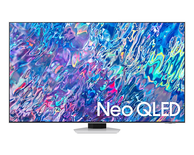 ดูราคาทีวี 65 นิ้ว ทีวี Samsung 4K Neo QLED มอบภาพความคมชัดระดับ 4K ดำสนิท สมจริง เสียงรอบทิศทางเหมือนอยู่ในเหตุการณ์ ให้อารมณ์เสียงสมจริง. ด้านหน้าของ Neo QLED 4K QN85B 65 นิ้ว สี Silver พร้อมตัวหนังสือ Neo QLED 4K บนหน้าจอ
