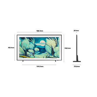 ขนาดหน้าจอ Samsung The Frame LS03F เพียงอย่างเดียว (1682.3 x 960.4 x 26.9 มม.) ความสูงรวมขาตั้งสีดำแบบเรียบง่าย (998.5 มม.) ขนาดขาตั้งสีดำแบบเรียบง่าย (1042.0 x 315.8 มม.)