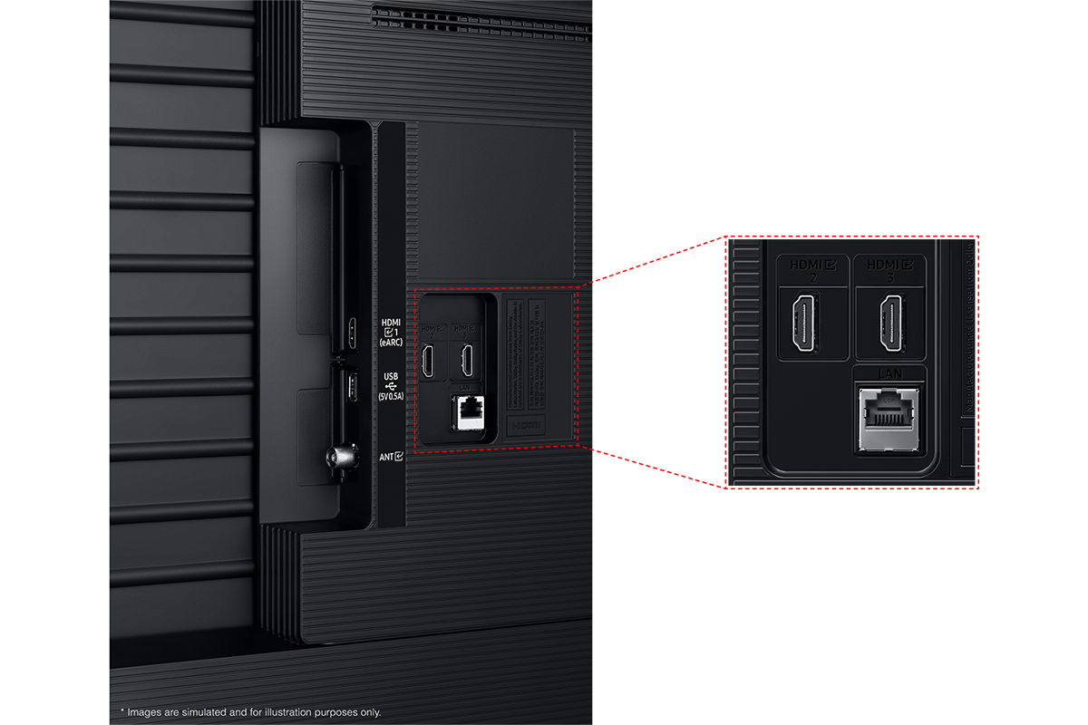 [Sáms~úñg 2025 Q~LÉD Q~6F มีพอร์ต ÚSB~, HDMÍ~, LÁÑ, พอร์ต Á~téññ~á และอื่น ๆ อยู่ด้านข้าง]