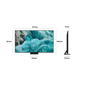 ขนาดหน้าจอ Samsung QLED Q7F5 เท่านั้น (1677.5 x 962.4 x 61.1  มม.) ความสูงพร้อมขาตั้ง Aero Center สีดำ (1008.3 มม.) ขนาดขาตั้ง Aero Center สีดำ (354.8 x 331.5 มม.)