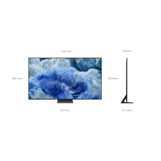 ขนาดหน้าจอ Samsung QLED Q8F เท่านั้น (1676.7 x 960.3 x 26.6 มม.) ความสูงพร้อมขาตั้ง TitanGray Aero Center (1015.8 มม.) ขนาดขาตั้ง TitanGray Aero Center (352.1 x 331.5 มม.)