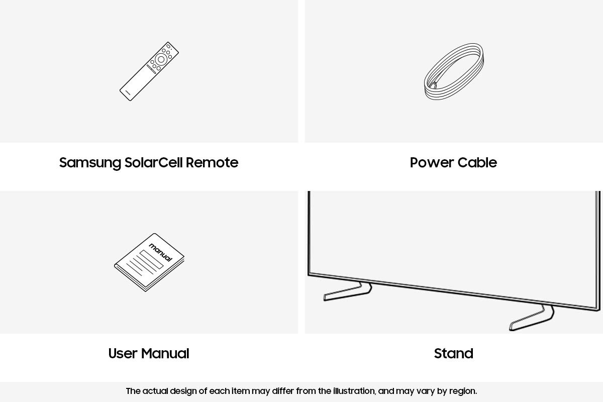 อุปกรณ์เสริม Samsung 2025 QLED Q8F ที่ให้มาได้แก่ รีโมทคอนโทรล, สายไฟ และคู่มือ