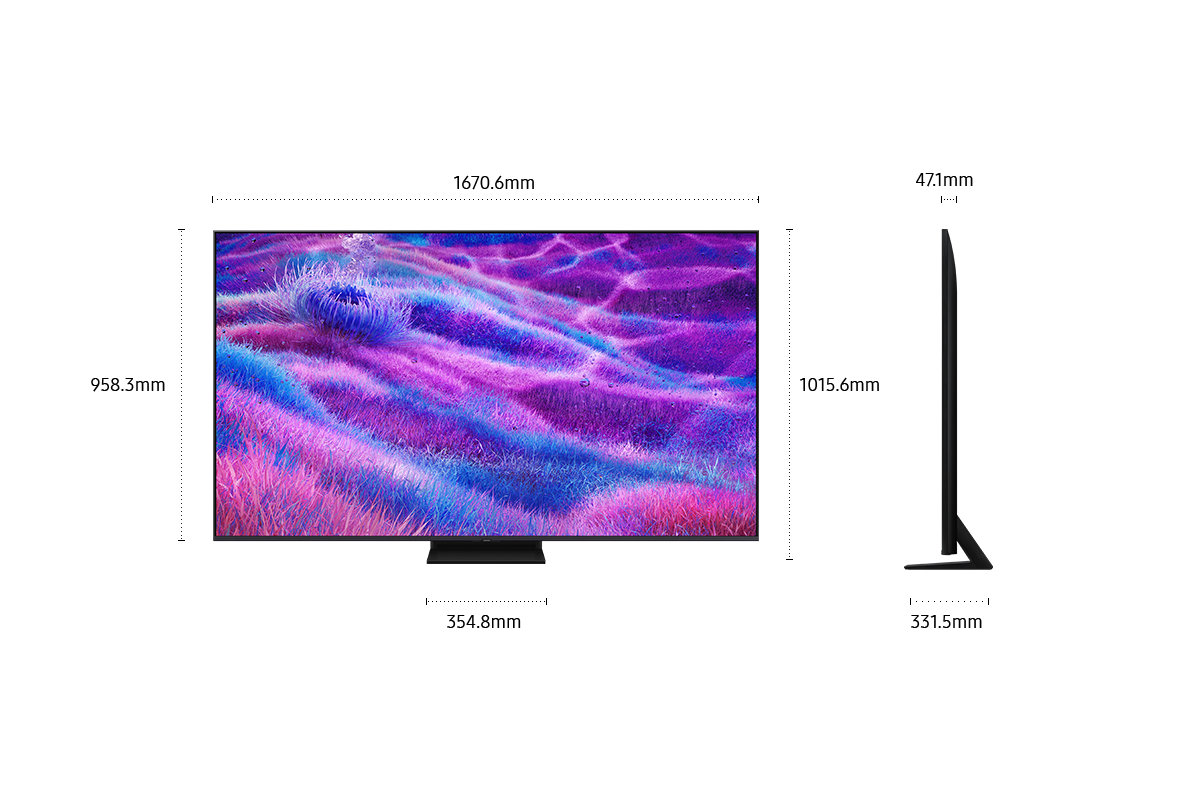 ขนาดหน้าจอ Samsung Neo QLED QN80F เพียงอย่างเดียว (1670.6 x 958.3 x 47.1 มม.) ความสูงพร้อมขาตั้ง Aero Center สีดำ (1015.6 มม.) ขนาดขาตั้ง Aero Center สีดำ (354.8 x 331.5 มม.)