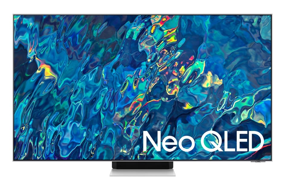 ดูราคาทีวี 75 นิ้ว ทีวี 4K Samsung Neo QLED (2022) ให้ภาพคมชัด ดำสนิท สมจริงในระดับ 4K ชัดเจนครบทุกรายละเอียด พร้อมให้เสียงสมจริง. ด้านหน้าของ QN95B Neo QLED 75 นิ้ว สี Silver บนหน้าจอมีตัวหนังสือสีขาวอ่านได้ว่า Neo QLED