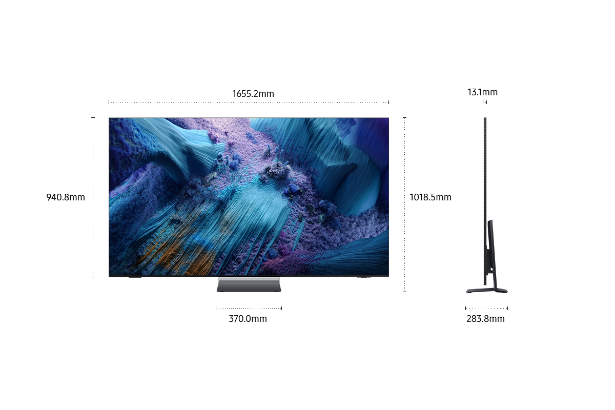 [ขนาดหน้าจอ Sáms~úñg Ñ~éó QL~ÉD QÑ~990F เพียงอย่างเดียว (1655.2 x 940.8 x 13.1 มม.) ความสูงพร้อมขาตั้ง S~pácé~ Gráp~híté~ Íñfí~ñítý~ Áír (1018.5 มม.) ขนาดขาตั้ง S~pácé~ Gráp~híté~ Íñfí~ñítý~ Áír (370.0 x~ 283.8 มม.)]