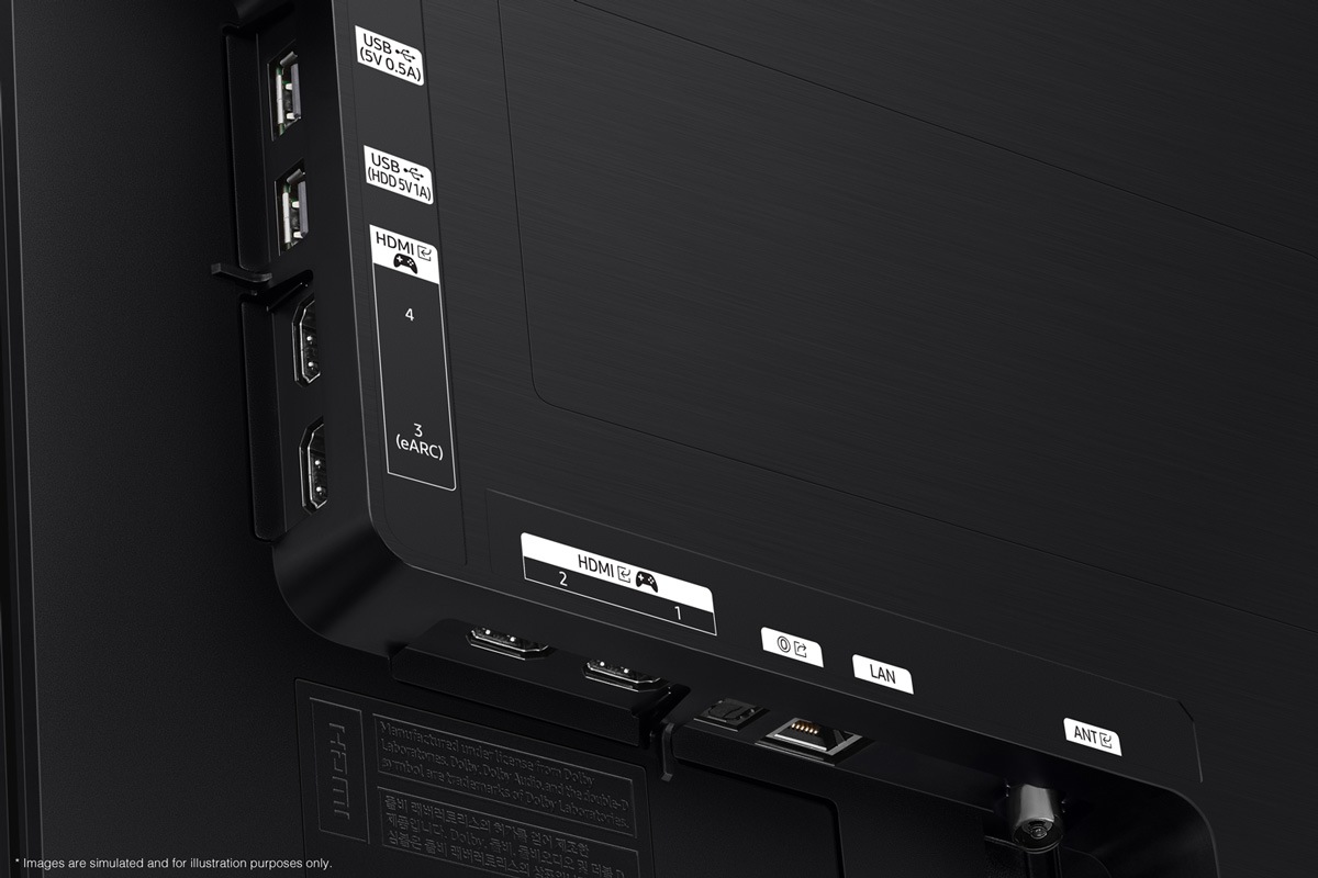ทีวี Samsung 2026 OLED รุ่น S90H มีพอร์ต USB, HDMI, LAN, เสาอากาศ และอื่นๆ อยู่ทั้งด้านข้างและด้านล่าง