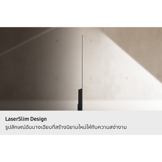 ภาพด้านข้างของทีวี OLED Samsung โดยมีฉากหลังเป็นพื้นคอนกรีต เน้นให้เห็นดีไซน์ที่บางเฉียบและรูปทรงที่สวยงาม