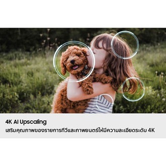 ภาพเด็กผู้หญิงกำลังจูบลูกสุนัข โปรเซสเซอร์ Samsung NQ4 AI Gen2 ปรากฏบนภาพถ่ายและช่วยเสริมรายละเอียดต่างๆ มากมาย รวมถึงผมและเสื้อผ้าของเด็กผู้หญิงและใบหน้าของลูกสุนัข ผลลัพธ์คือภาพที่คมชัดขึ้นมากโดยมองเห็นรายละเอียดเล็ก ๆ น้อย ๆ ได้