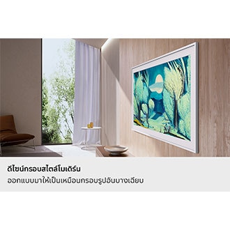 กรอบรูปดีไซน์โมเดิร์น ออกแบบให้ดูเหมือนกรอบรูปบาง ๆ มุมมองด้านข้างของกรอบรูปติดตั้งแน่นหนาเข้ากับผนังห้องนั่งเล่นเพื่อให้ดูเหมือนกรอบรูปจริง