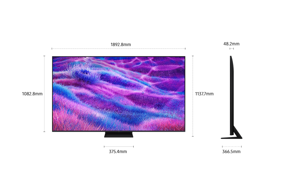 ขนาดหน้าจอ Samsung Neo QLED QN80F เพียงอย่างเดียว (1892.8 x 1082.8 x 48.2 มม.) ความสูงพร้อมขาตั้ง Aero Center สีดำ (1137.7 มม.) ขนาดขาตั้ง Aero Center สีดำ (375.4 x 366.5 มม.)