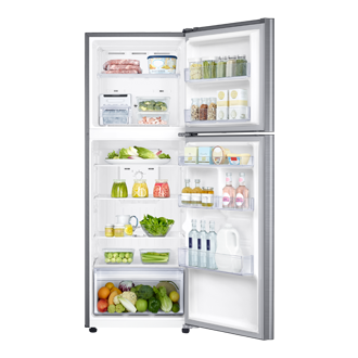 ตู้เย็น 2 ประตู มุมมองเปิดแสดงความจุอาหารภายในด้านหน้า ตู้เย็น 10 คิว สี Elegant Inox