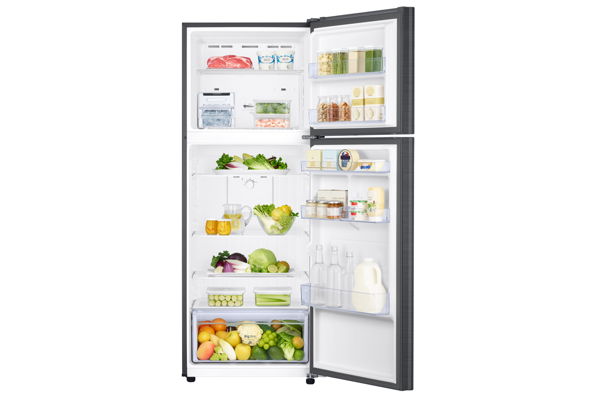 [ตู้เย็น 2 ประตู มุมมองเปิดแสดงอาหารภายในด้านหน้า ตู้เย็นสีดำ]