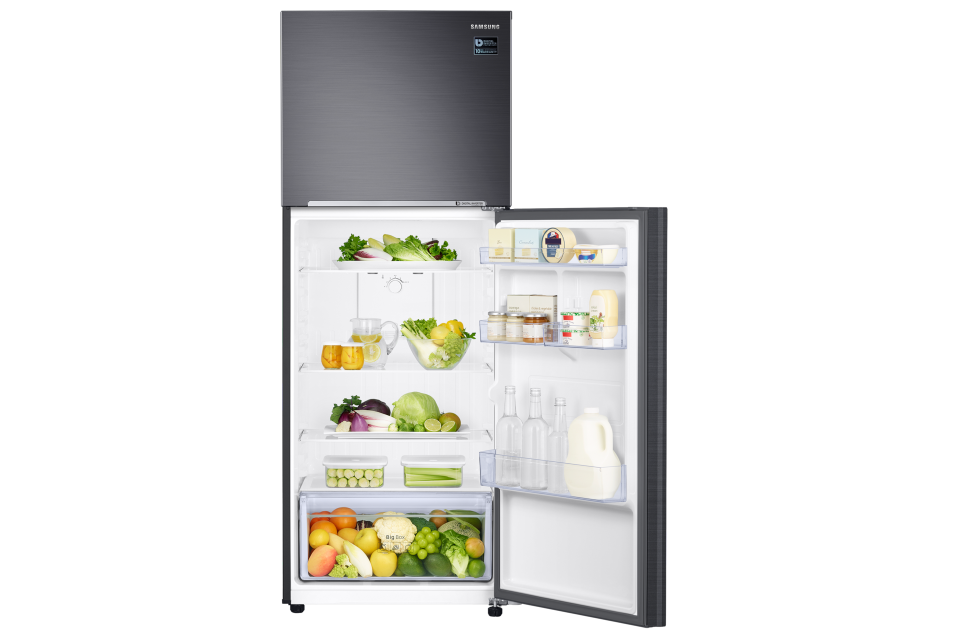 [ตู้เย็น 2 ประตู มุมมองเปิดแสดงอาหารภายในด้านล่าง ตู้เย็นสีดำ]