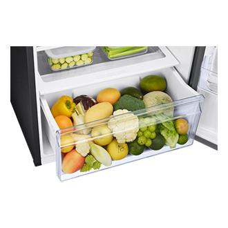 [ตู้เย็น 2 ประตู มุมมองชั้นเก็บอาหารด้านล่าง ตู้เย็นสีดำ]