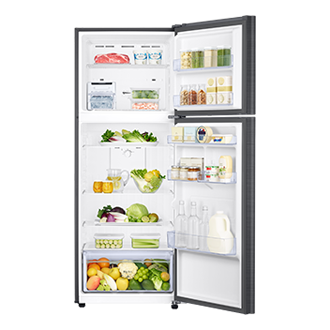 [ตู้เย็น 2 ประตู มุมมองเปิดแสดงอาหารภายในด้านหน้า ตู้เย็นสีดำ]