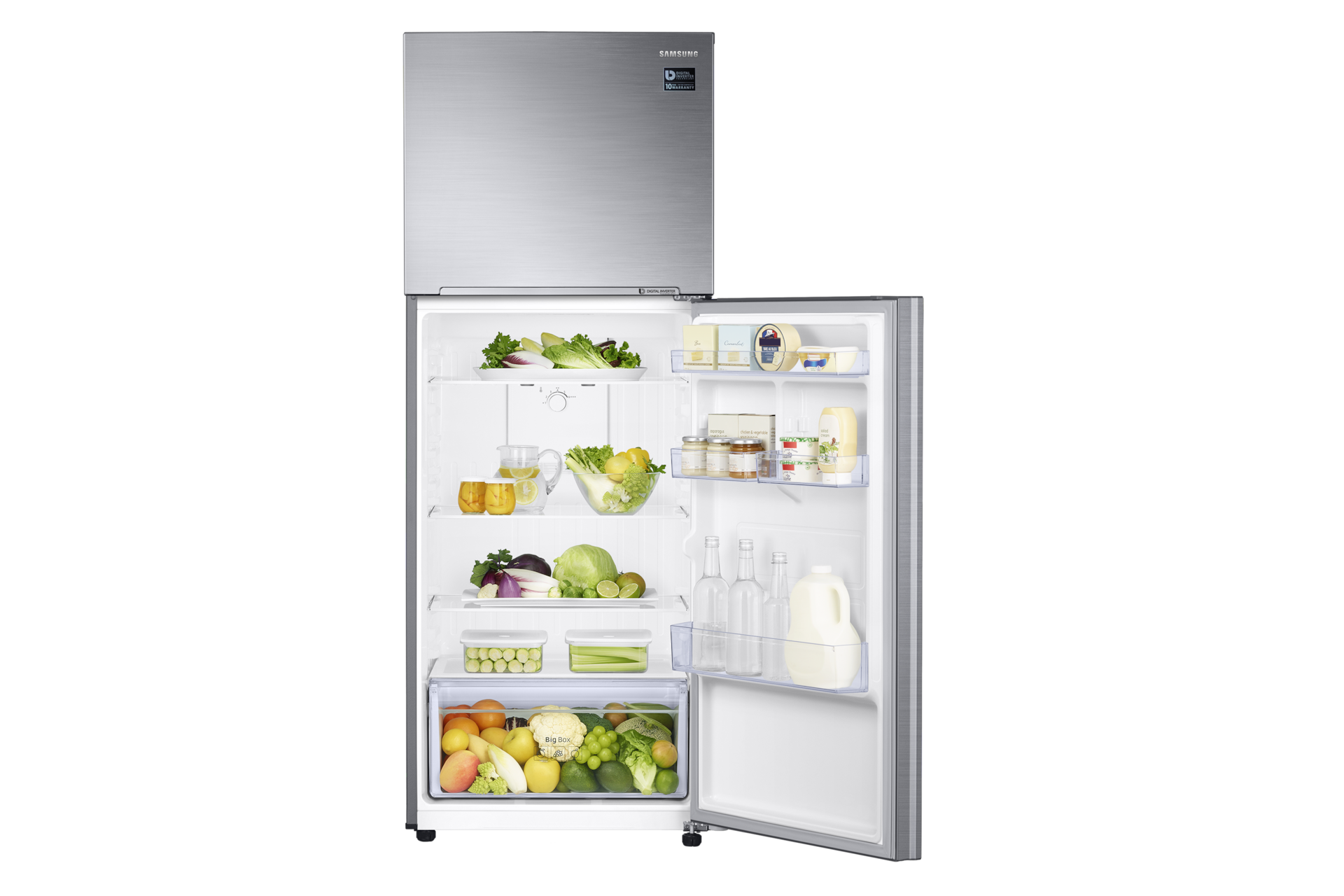 ตู้เย็น 2 ประตู มุมมองด้านล่างที่แสดงความจุของการใส่อาหาร ตู้เย็น 14 คิว สี Elegant Inox 