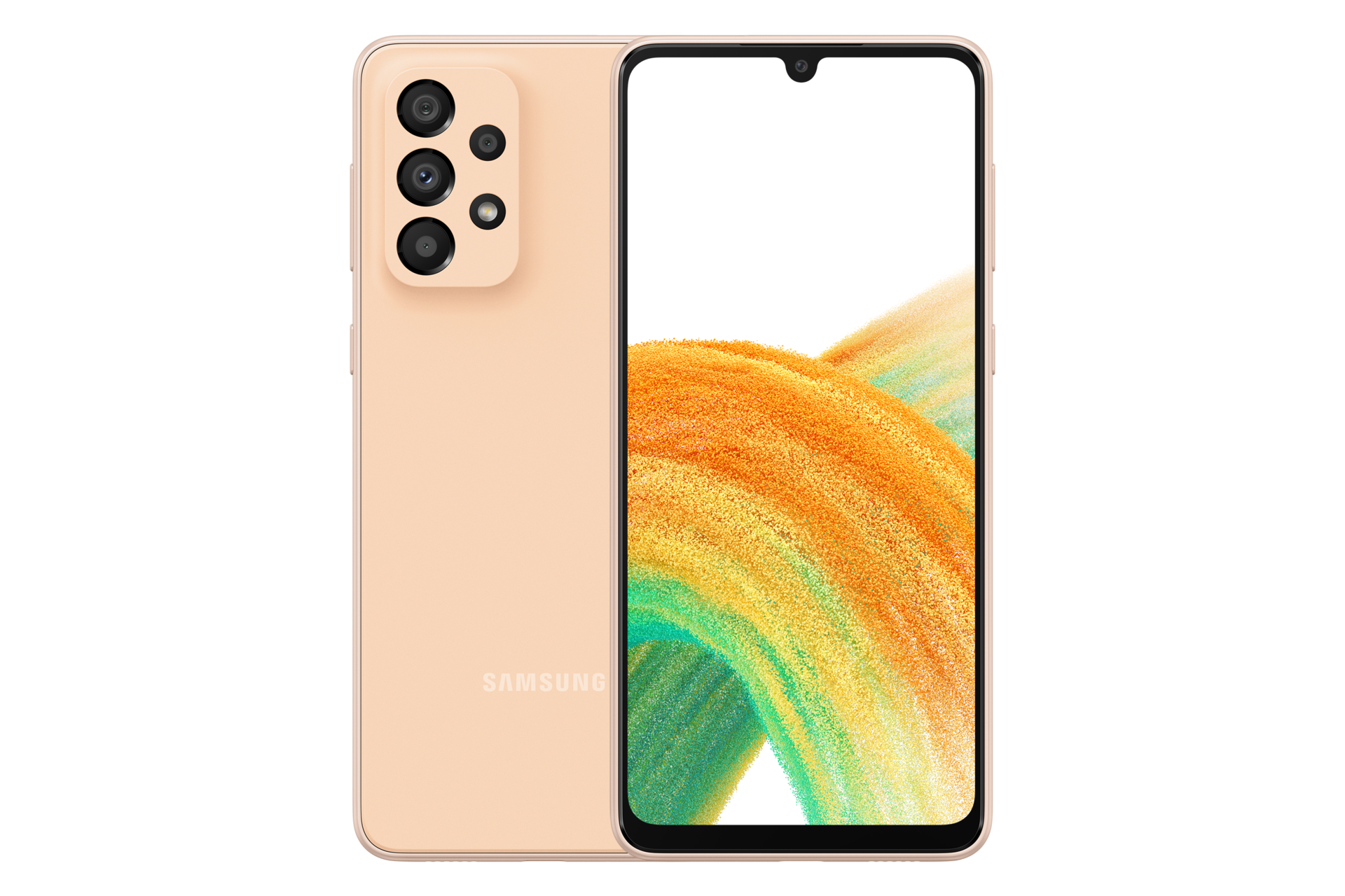 ดูราคาล่าสุดและซื้อ Samsung A33 5G สี Awesome Peach ที่มาพร้อมความเร็ว 5G กล้องเทคโนโลยี OIS ความละเอียด 48MP กันน้ำกันฝุ่น IP67. Galaxy A33 5G สี Awesome Peach สองเครื่อง เครื่องหนึ่งโชว์ด้านหน้า อีกเครื่องโชว์ด้านหลัง