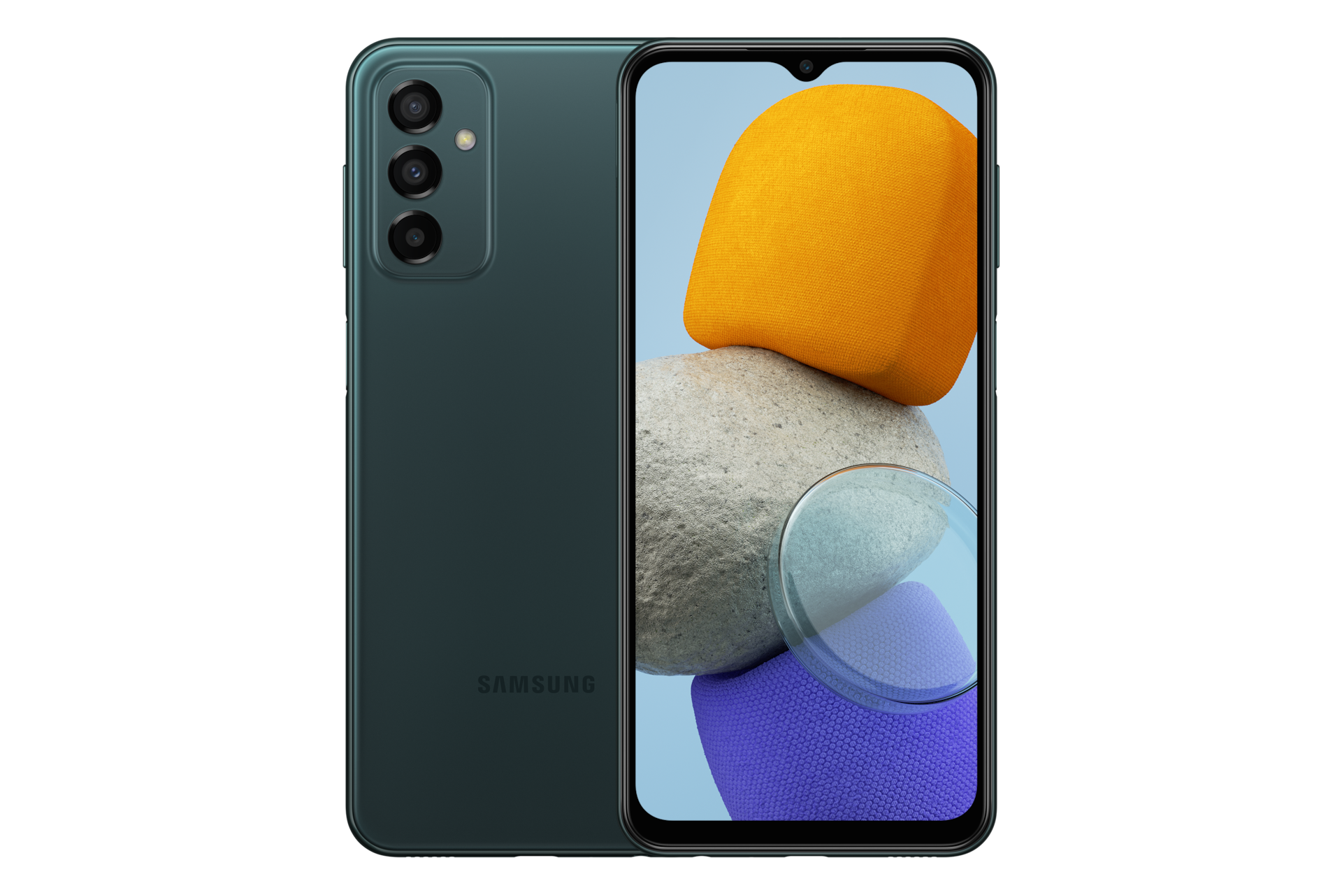 ดูราคาและซื้อ Samsung Galaxy M23 5G สี Deep Green ที่มาพร้อมพลังความเร็วแห่ง 5G ช่วยให้เล่นเกมและการสตรีมลื่นไหล ดาวน์โหลดรวดเร็ว. Galaxy M23 5G สี Deep Green สองเครื่อง เครื่องหนึ่งโชว์ด้านหน้า อีกเครื่องโชว์ด้านหลัง