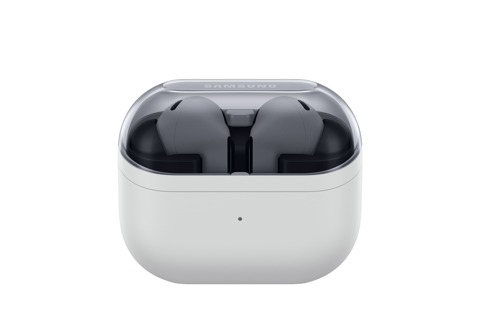 ภาพนี้แสดงเคสชาร์จแบบปิดสำหรับ Samsung Galaxy Buds3 FE รุ่น R420Nzaaasa เคสมาพร้อมกับฝาทรงเรียบหรูเงางาม ที่เปิดเผยหูฟังสีเทาสองข้างที่ประดับด้วยสีดำที่เก๋ไก๋ มอบเสียงคุณภาพสูงอย่างลงตัว