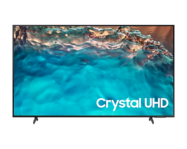 ดูราคาทีวี Crystal UHD BU8100 43 นิ้วที่ให้สีสันสวยสมจริง ตัวเครื่องบาง สวย ประหยัดพื้นที่ มอบความคมชัดระดับ 4K และให้เสียงสมจริง. ด้านหน้าของ Crystal UHD 43 นิ้ว สี Titanium Gray พร้อมโลโก้ Crystal UHD สีขาว