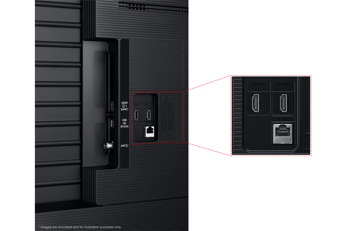 Samsung 2025 Crystal UHD U8000F มีพอร์ต USB, HDMI, LAN, พอร์ต Atenna และอื่น ๆ อยู่ด้านข้าง