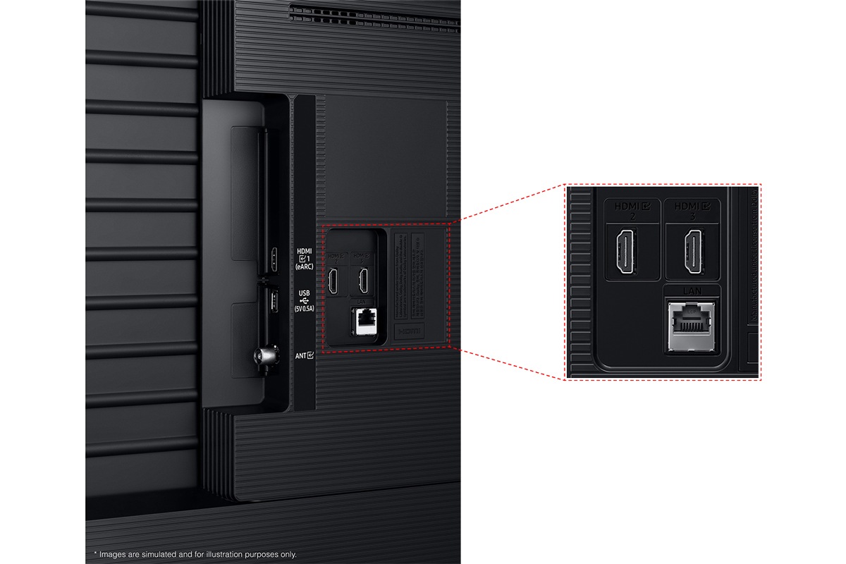 Samsung 2026 Crystal UHD U8000H มีพอร์ต USB, HDMI, LAN, เสาอากาศ และอื่นๆ อยู่ด้านข้าง