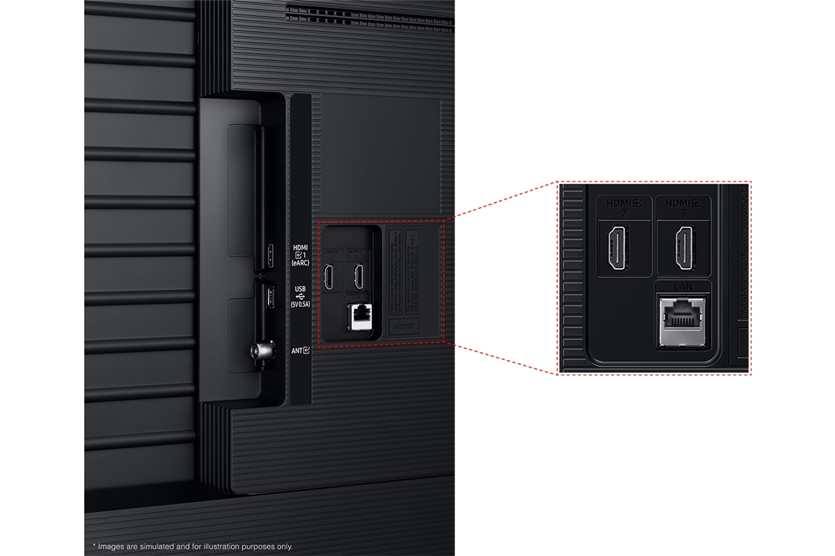 Samsung 2026 Crystal UHD U8500H มีพอร์ต USB, HDMI, LAN, เสาอากาศ และอื่นๆ อยู่ด้านข้าง