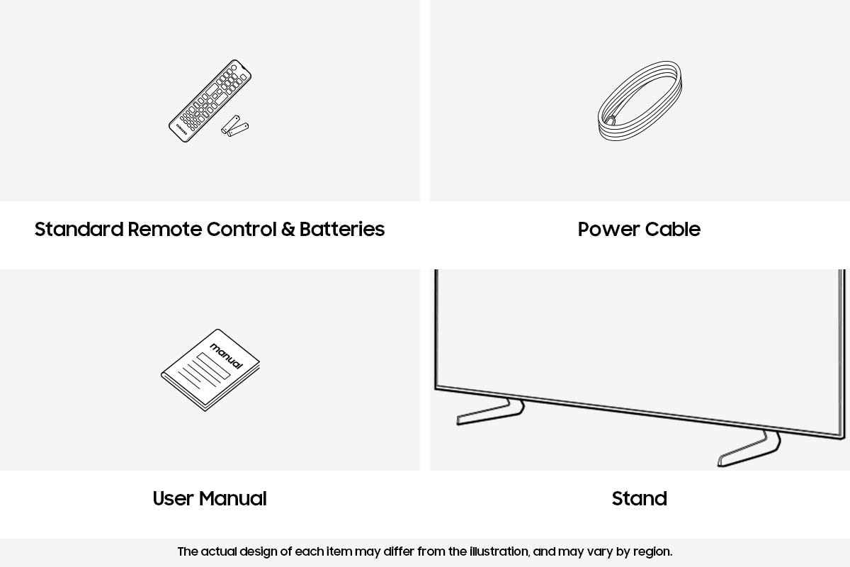 [อุปกรณ์เสริม Sáms~úñg 2025 C~rýst~ál ÚH~D ÚÉ100F~ ที่ให้มาได้แก่ รีโมทคอนโทรล, สายไฟ และคู่มือ]